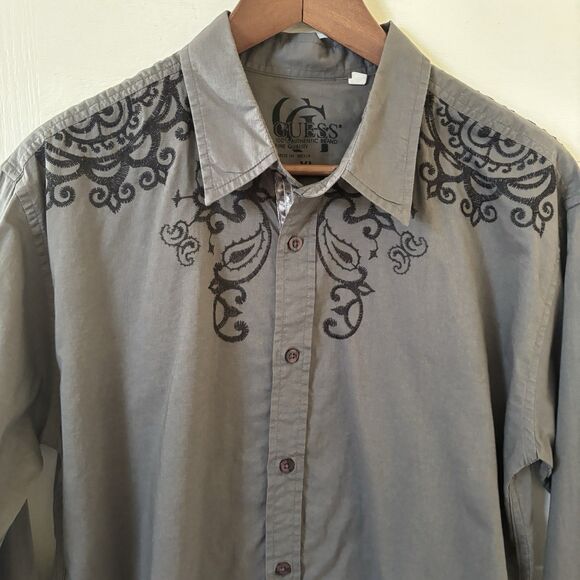 Guess Mens Y2K Grunge Button Shirt Grey XL Graphic Long Sleeve Cross Biker Angel - Picture 3 of 11